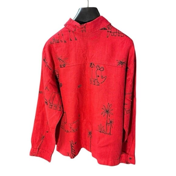 Chico’s red rhino elephant zebra shirt shacket long sleeve size 2 100% linen - Picture 3 of 15